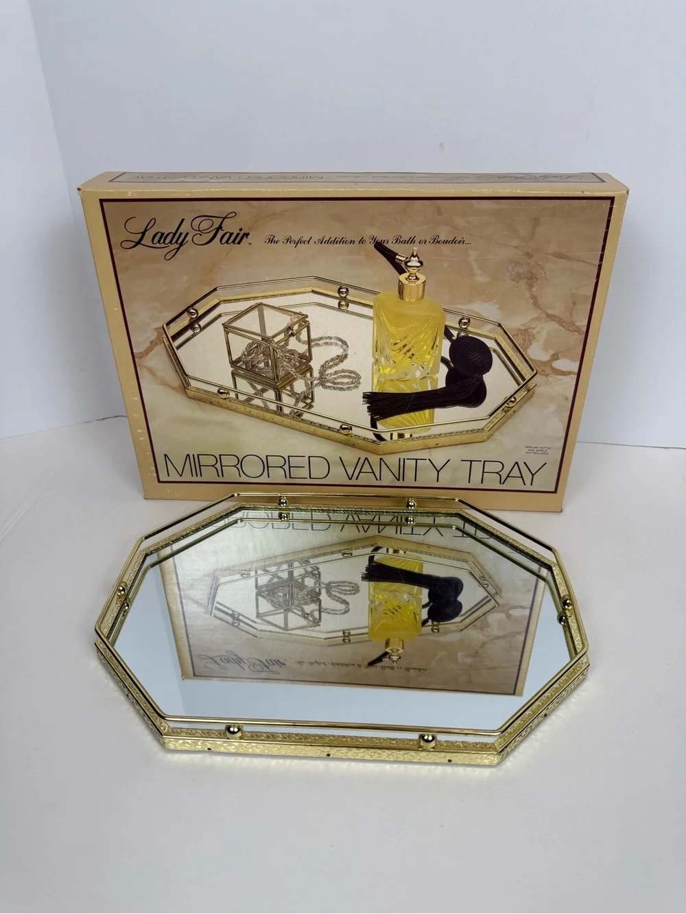 Lady Fair Mirrored Vanity Tray - Brass Finish with Velour Bottom 13” x 9”